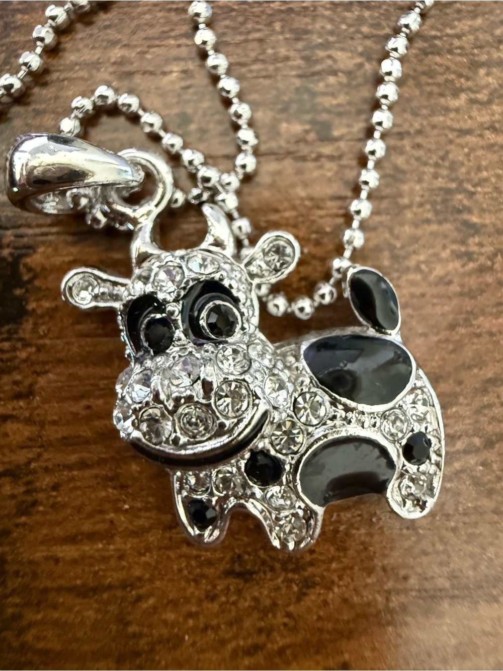 Sparkling Kids Cow Pendant Necklace in Silver and Black